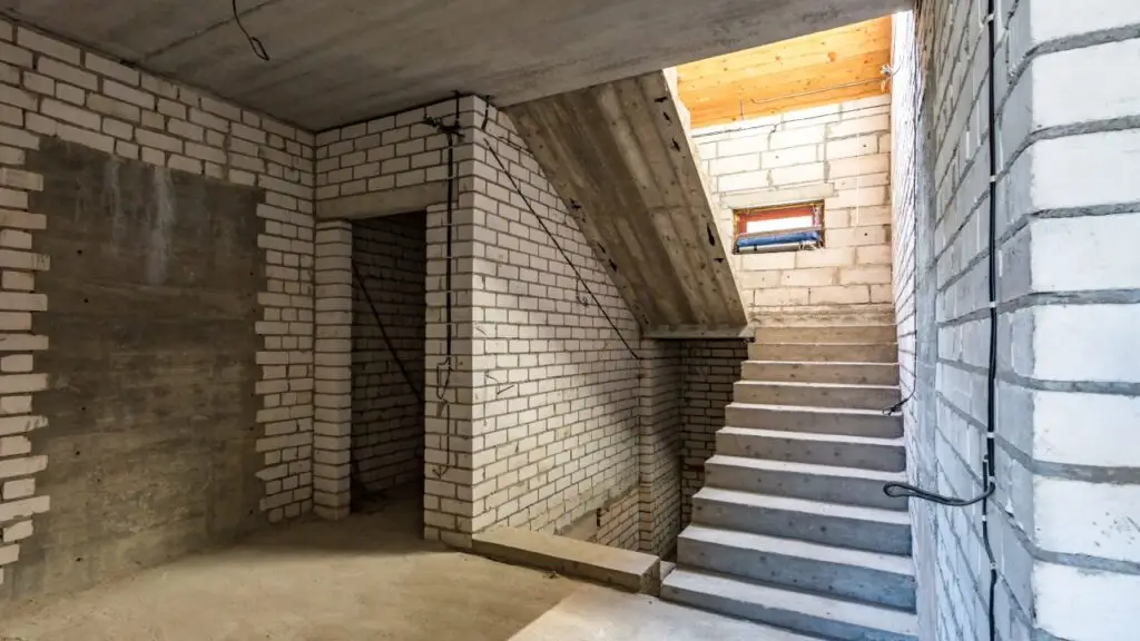 Unfertiger Keller mit Treppe und Wänden